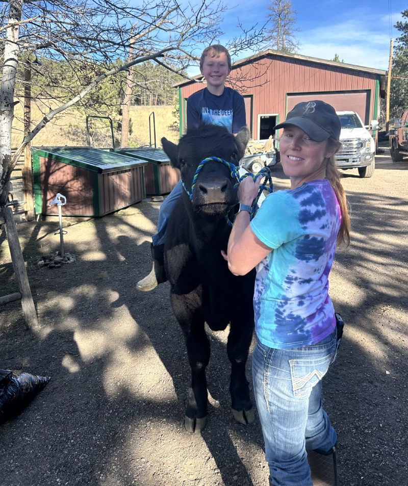 Woman and boy posing outdoors with a halter-trained black cow Woman and boy posing outdoors with a halter-trained black cow