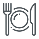 Line icon of a dinner plate setting with a fork and knife